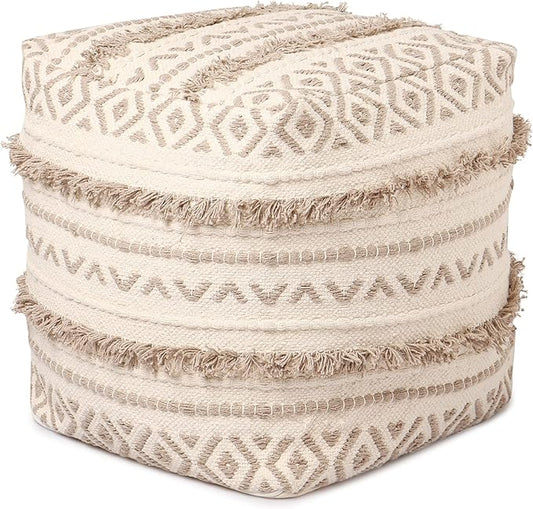 REDEARTH · Tufted Pouf Ottoman with Filler Textured Storage Cube Bean Bag Pouffe Footrest for Living Room, Bedroom, Nursery, Kidsroom; 100% Cotton (17.5"X17.5"X17.5", Geometric Craft Taupe)