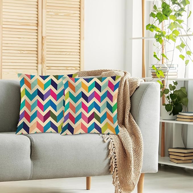 Swono Chevron Stripes Set of 2 Square 18x18 Inch Throw Pillow Cover Rainbow Zig Zag Herringbone Waves Soft Pillowcases Pillow Cushion Covers for Home Sofa Couch Bench Living Room Car Decoration