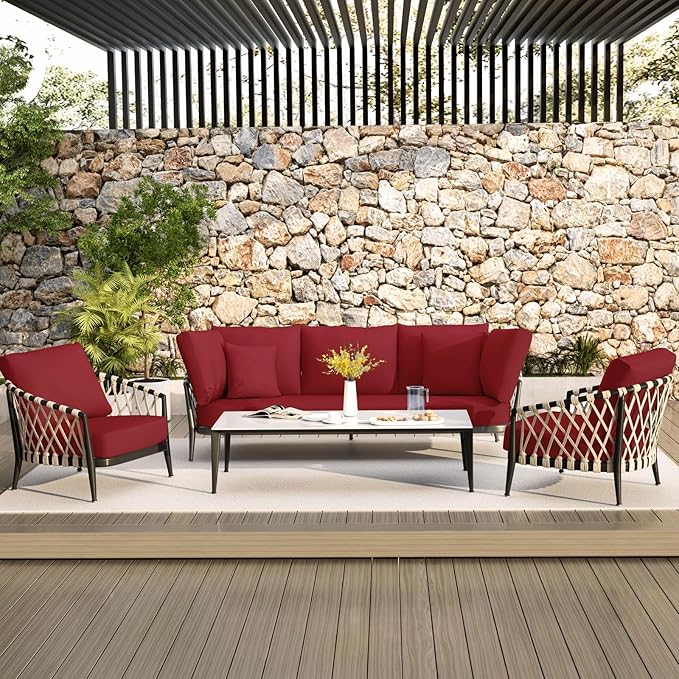 hyha Waterproof Couch Cushion Covers, Stretch Sofa Couch Seat Slipcover for Dog Washable, Non-Slip Waterproof Outdoor Cushion Covers for Patio Furniture Replacement (3 Pieces, Wine Red)