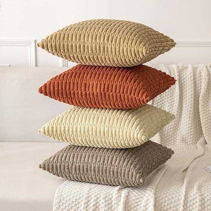 MIULEE Pack of 2 Rust Corduroy Decorative Euro Sham Fall Pillow Covers 26x26 Inch Soft Boho Striped Throw Pillow Covers Modern Farmhouse Home Decor for Summer Sofa Living Room Couch Bed