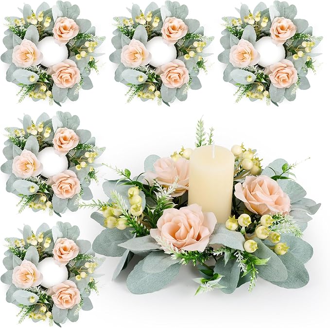 6 Pcs Wedding Rose Candle Rings Swag Wreath Artificial Floral Wreaths with Lamb Leaf Flower Candle Rings Candleholders Garland for Pillar Centerpiece Party Table Wall Window Farmhouse Decor