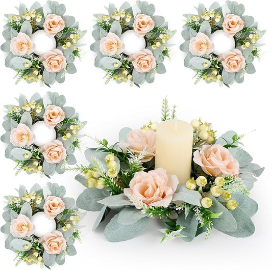 6 Pcs Wedding Rose Candle Rings Swag Wreath Artificial Floral Wreaths with Lamb Leaf Flower Candle Rings Candleholders Garland for Pillar Centerpiece Party Table Wall Window Farmhouse Decor