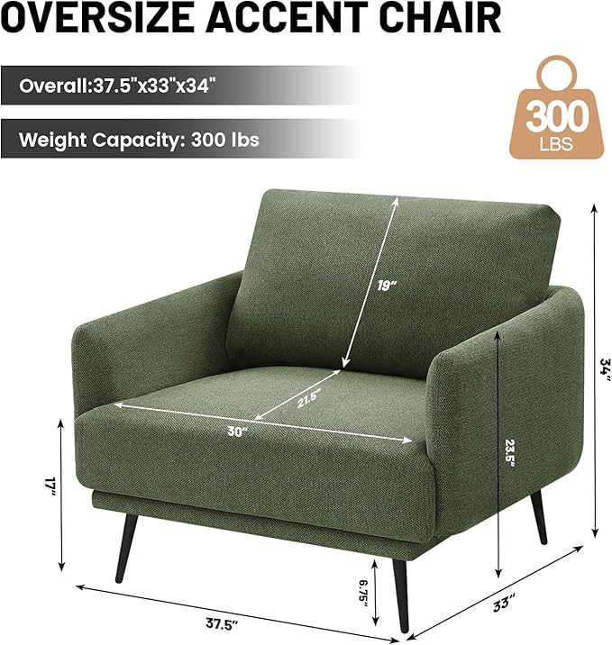 Oversized Accent Chair for Living Room Chairs Reading Arm Chair Comfy Modern Single Sofa Side Chairs with Metal Legs & Soft Cushion for Bedroom, Balcony,Waiting Room (Polyester, Moss Green)