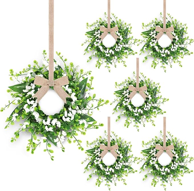 6 Pcs Artificial Forsythia Hanging Flower Wreaths Mini Green Boxwood Candle Rings Wreath Small Green Kitchen Cabinet Wreath for Pillar Front Door Porch Wall Window Farmhouse Home Decoration