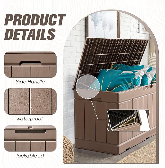 JUMMICO 83 Gallon Outdoor Deck Box Large Resin Storage Box for Patio Furniture Cushions and Garden Tools (Khaki)