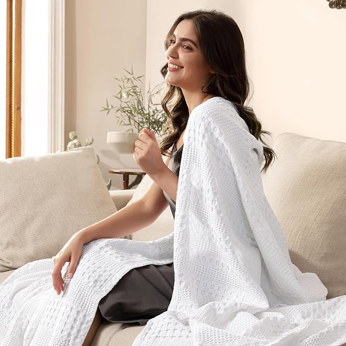 PHF Cooling Waffle Blanket Queen Size, Lightweight 60% Rayon Derived from Bamboo & 40% Cotton Breathable Blanket for Hot Sleepers, Soft and Luxury for Bed Couch and Sofa, 90"x90", White