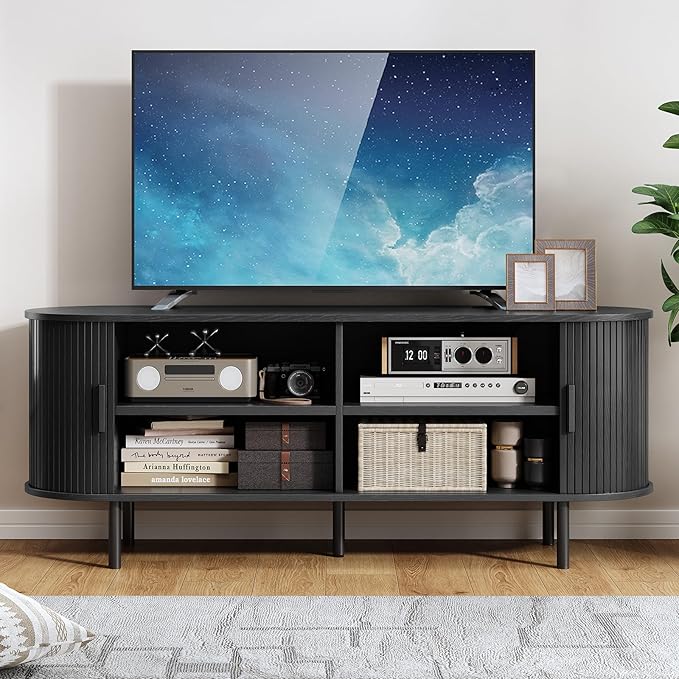 55" TV Stand with Power Outlet, Modern Media Console with Sliding Doors, Entertainment Center for TVs up to 60 Inch, Adjustable Shelves, Black