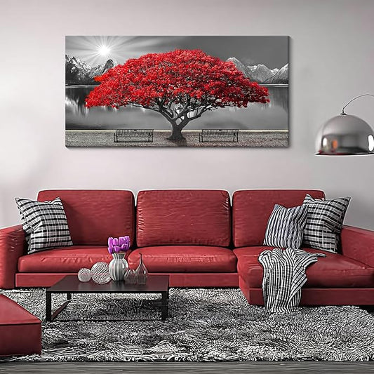 Black and White Red Tree Wall Art Canvas Print Picture Large Red Tree Landscape Modern Artwork for Living Room Bedroom Office Home Wall Decor With Frame 24X48inch