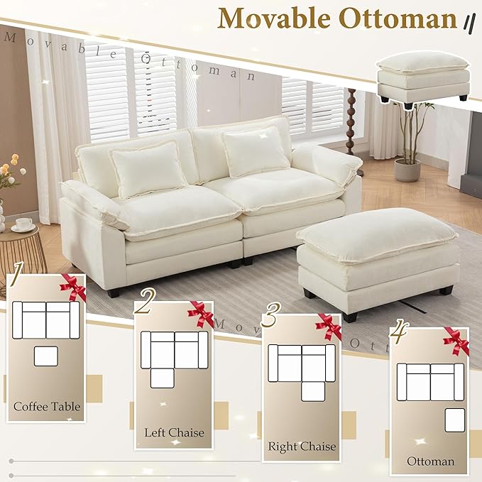 URRED Modular Sectional Sofa Comfy Cloud Couch, Modern Chenille Sofa Sleeper Deep Seat Couches with Ottoman/Pillows for Living Room (White, 82.6''- L Shape)