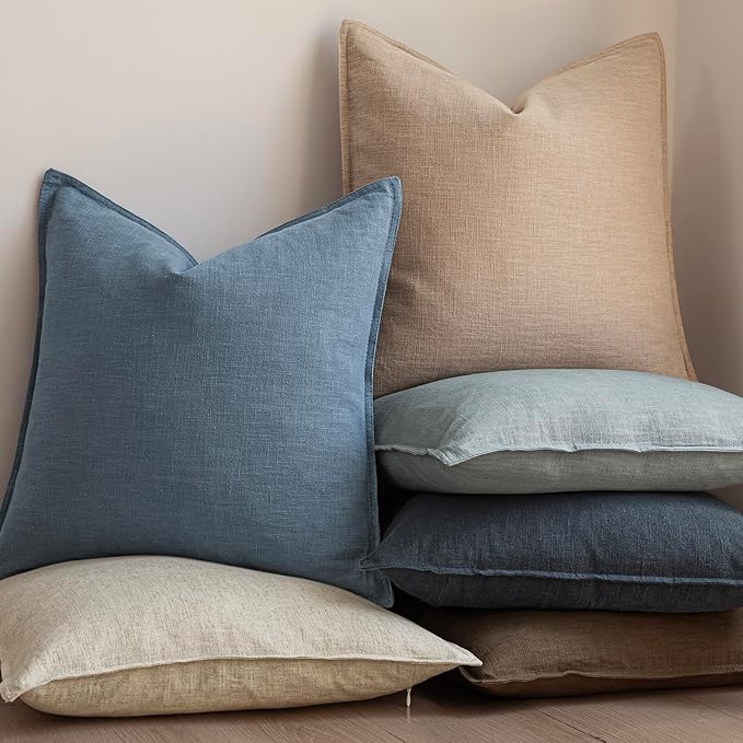 Foindtower Set of 2, Decorative Linen Soild Throw Pillow Covers Soft Accent Cushion Euro Case Boho Farmhouse Pillowcase for Chair Couch Sofa Bedroom Living Room Home Decor 20 x 20 Inch Misty Blue