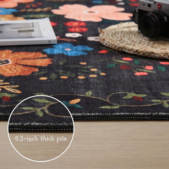 Runners for Hallways Kitchen Rug Non Slip 2'x 10' Long Washable Runner Rugs with Rubber Backing Soft Floral Carpet Runner for Hallways, Kitchen, Laundry, Bedroom, Bathroom(Black)