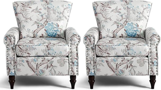 Wingback Accent Chair with Removable Pillow, High Back Floral Armchair with Solid Wood Legs & Nailhead Trim, Comfy Upholstered Reading Single Sofa Chair for Bedroom (2, Bird Floral Pattern)
