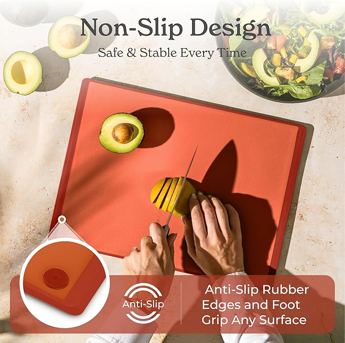 SMIRLY Plastic Cutting Board Set with Holder 3 Pieces, Non-Slip Dishwasher Safe Chopping Boards for Kitchen, Orange
