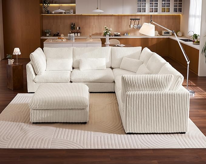 Oversized Modular Sofa, Extra Deep Cloud Corduroy Sectional Couch with Ottoman Chaise, Fluffy Chenille Corner V Shape Sofa for Living Room, Villa (Corner V Shape+Ottoman, Corduroy White)