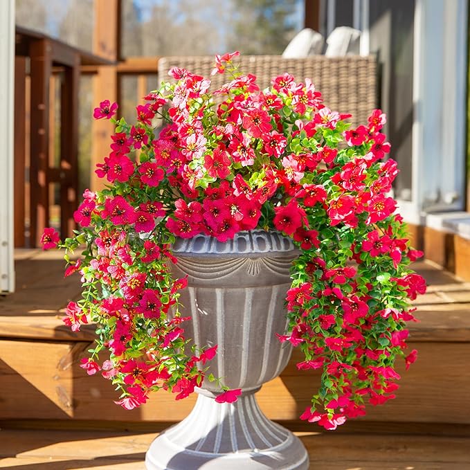 INSPRING Artificial Faux Outdoor Outside Flowers Plants, 2 PCS Fake Silk UV Resistant Look Real Hotpink Daisy Trailing Vines for Front Door Porch Planter Urn Patio Balcony Decoration