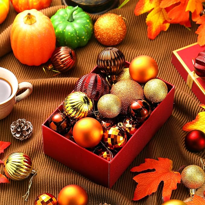 64 Pcs Fall Thanksgiving Ball Ornaments for Christmas Tree Glitter Gold Orange Brown Ornament Hanging Autumn Decoration Assorted Size Harvest Ornament for Home Indoor Decor, 1.6/1.97/2.4 Inch