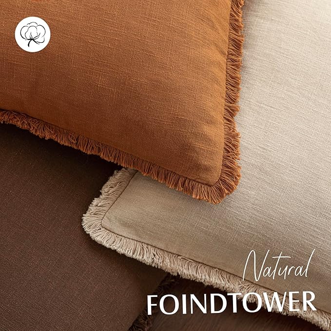 Foindtower Set of 2 Decorative Linen Fringe Throw Pillow Covers Cozy Boho Farmhouse Cushion Cover with Tassels Soft Accent Pillowcase for Couch Sofa Bed Living Room Home Decor, 26×26 Inch, Orange