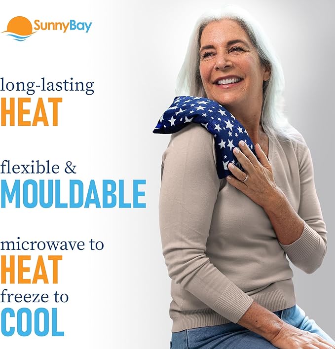 SunnyBay Small Microwave Heating Pad, Microwavable Versatile Cold/Heated Neck and Shoulder Wrap for Back Pain and More, Moist Heat Cotton-Fleece Pad with Flax Seed Filling, 6x11 in, Blue Stars