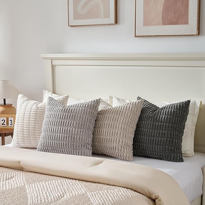 Fancy Homi Set of 4 Grey and White Boho Decorative Throw Pillow Covers 28x28 Inch for Couch Bed Sofa, Aesthetic Modern Bohemian Room Decor, Fuzzy Fluffy Cozy Corduroy Textured Cushion Case 71x71cm
