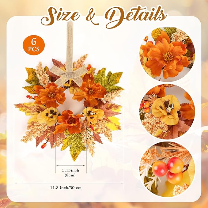 6 Pcs Fall Floral Swags Wreaths Mini Autumn Artificial Candle Rings Wreaths with Berries 3 inch Farmhouse Cabinets Hanging Wreath for Pillar Front Door Porch Wall Window Decoration