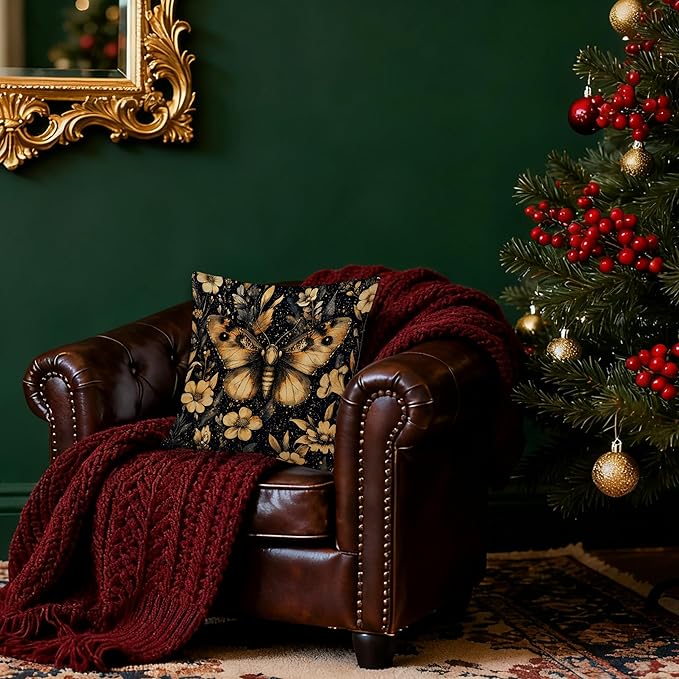 William Morris Inspired Floral Moth Pillow Covers 18x18, Dark Academia Cottagecore Botanical Floral Butterfly Decorative Throw Pillow Covers for Bedroom Living Room Home, Cottagecore Room Decor