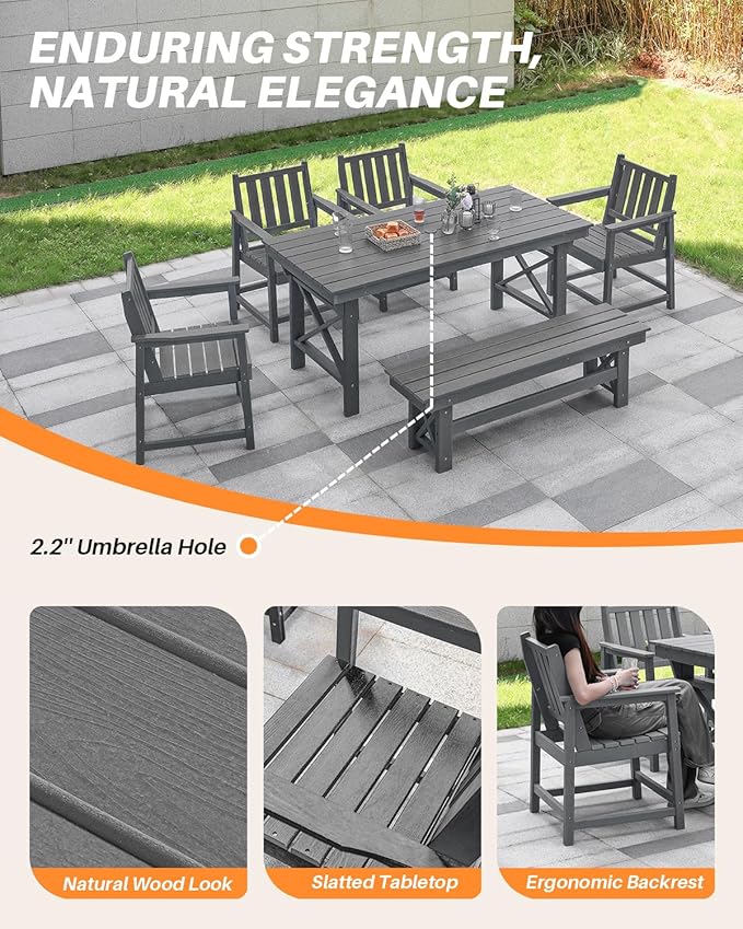 HDPE Outdoor Dining Set of 6, Patio Dining Table Set with 4 Chairs and 1 Bench, 6 Pieces HDPE Dining Set with Umbrella Hole, Outdoor Furniture Sets for Deck, Poolside, Garden, Smoke Gray