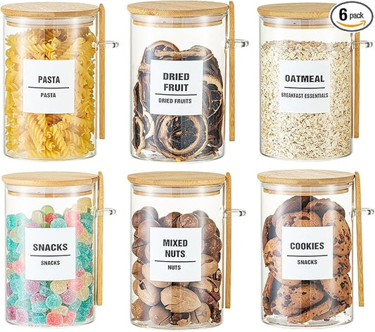 6 Pack 32oz Glass Jars with Bamboo Lids,Glass Storage Containers with Lids,Clear Airtight Food Storage Jar for Coffee,Tea,Sugar,Flour,includes 168 Pantry Labels & Spoons,3mm Thick Canisters