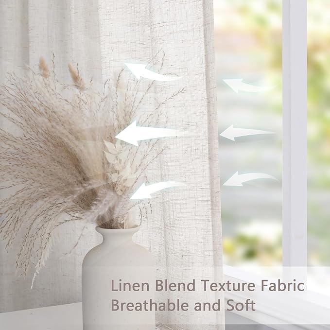 MYSKY HOME Linen Curtains for Living Room, Natural Semi Sheer Curtains & Drapes Light Filtering Farmhouse Country Boho Style Back Tab Draperies for Sliding Glass Door (Customsize, Linen)