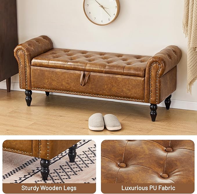 Furniliving Storage Ottoman Bench, Leather Benches End of Bed Bench with Solid Wood Legs Upholstered Ottoman Bench with Storage Indoor Bench for Living Room with Rolled Arm, Entryway, YellowBrown