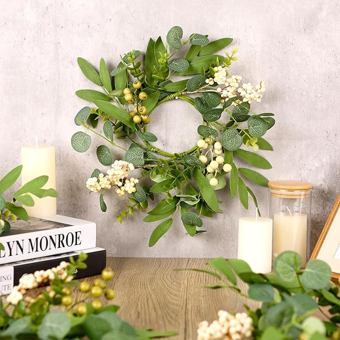 6 Pcs Green Eucalyptus Swag Wreaths for Pillars Spring Summer Kitchen Cabinet Wreaths Mini Green Berry Leaves Wreath with Ribbon for Front Door Porch Wall Window Farmhouse Decoration