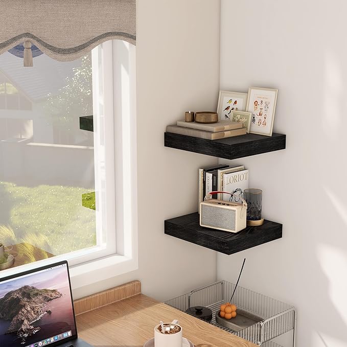 Fun Memories 12 Inch Floating Shelf, Rustic Wood Wall Shelves for Wall Decor & Storage, 12 x 12 Floating Shelf for Living Room, Bathroom, Bedroom, Rustic Brown, Set of 2