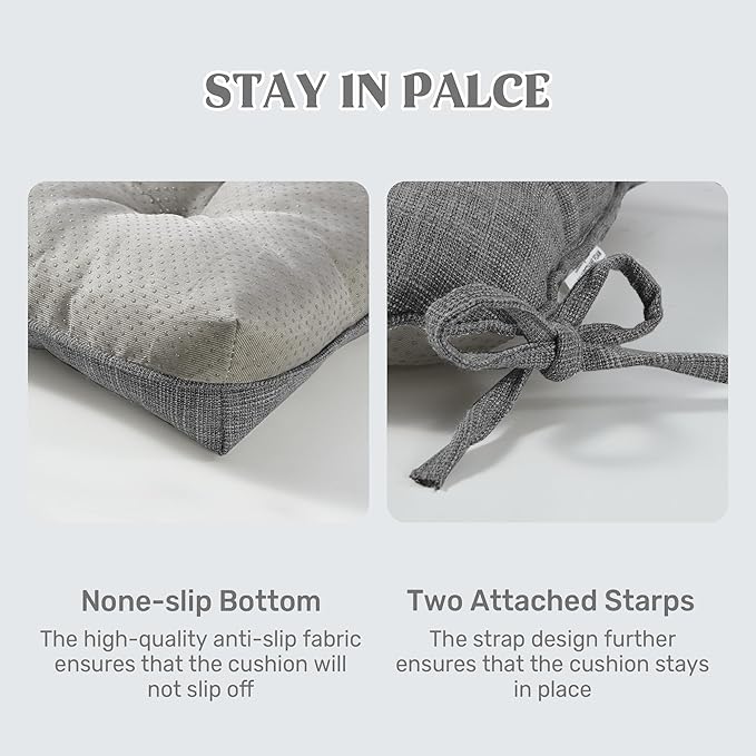 puredown® Chair Cushions for Dining Chairs, Tufted Memory Foam Chair Pads with Non-Slip Backing, Kitchen Seat Cushions with Ties, Washable Seat Pad Set of 4, 15.5" x 15.5" x 4", Dark Grey