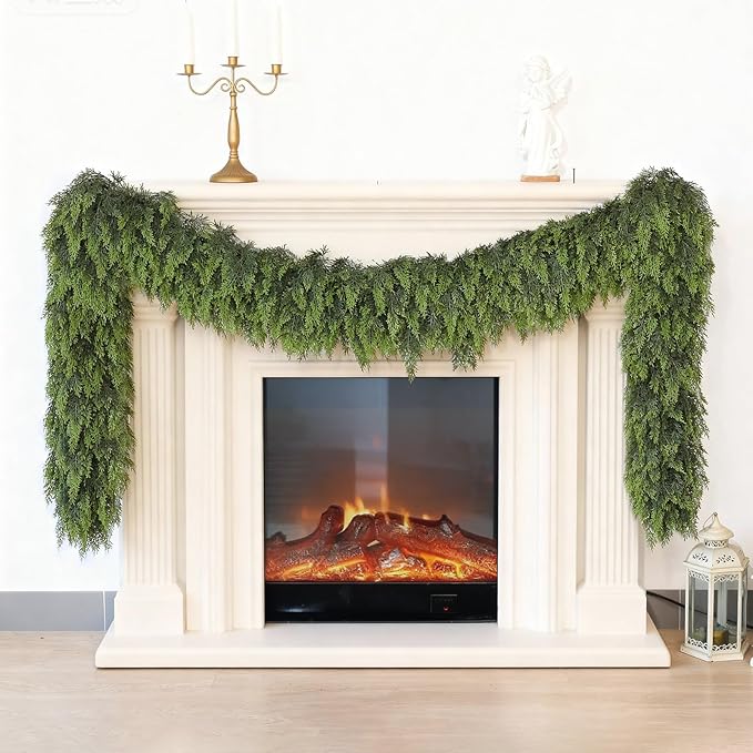 6FT Real Touch Cedar Garland for Fireplace - Artificial Christmas Garlands Realistic Faux Greenery Fake Pine Needles Garland for Holiday,Table, Window,Mantel,Stairs, Home,Indoor Outdoor Decor (2PCS)