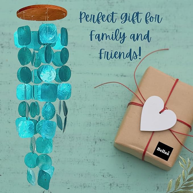 Bellaa 20744 Wind Chimes Outdoor, Garden Decorations, Musical, Indoor/Outside Windchimes, Beach, Ocean Breeze, Gifts for Mom, Gift for All Occasions, Capiz Sea Glass Shells Wood Turquoise Blue