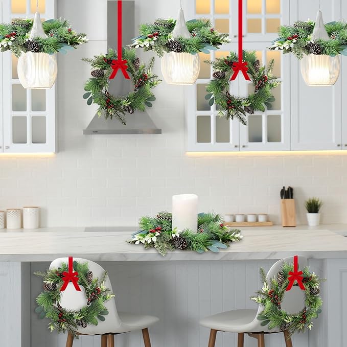 6 PCS 9" Small Christmas Norfolk Wreaths Mini Cabinet Wreaths for Kitchen with Red Berry Pinecone Cedar Bows Snowy Pine Wreath for Xmas Front Door Window Fireplace Home Table Pillar Stairs Decor