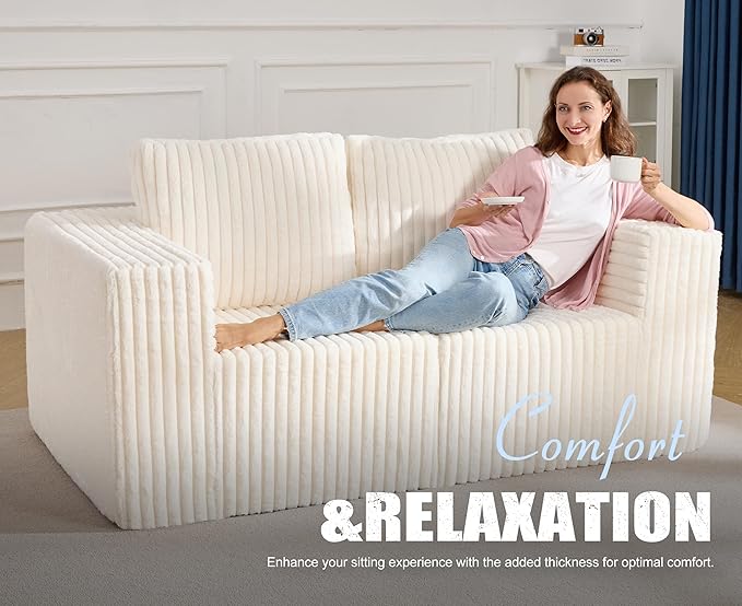 Modular Sectional Sofa 2 Seater Loveseat Modular Couch with Deep Seat Memory Foam Cloud Chair with Pillows Oversized Sectional Sofa for Living Room Bedroom (Strip White, Loveseat)