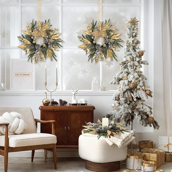 6 Pcs 9 Inch Christmas Wreaths for Kitchen Cabinet Artificial Pine Hanging Cedar Wreath with Christmas Balls Golden Twigs and Silver Berries for Front Door Xmas Winter Farmhouse Home Decorations