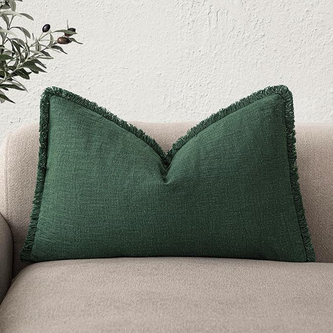 Foindtower Decorative Linen Fringe Lumbar Throw Pillow Covers Cozy Boho Farmhouse Cushion Cover with Tassel Soft Accent Pillowcase for Sofa Bed Living Room Home Decor, 12×20 Inch,1PC,Pine Green