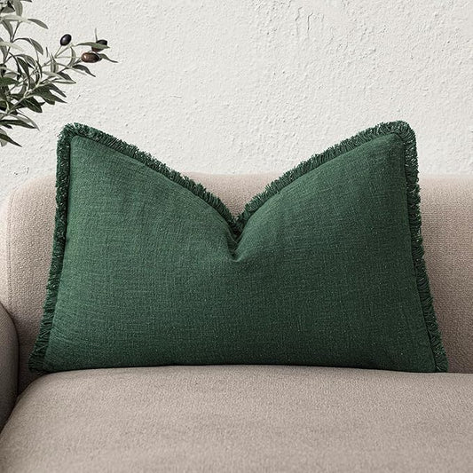 Foindtower Decorative Linen Fringe Lumbar Throw Pillow Covers Cozy Boho Farmhouse Cushion Cover with Tassel Soft Accent Pillowcase for Sofa Bed Living Room Home Decor, 12×20 Inch,1PC,Pine Green
