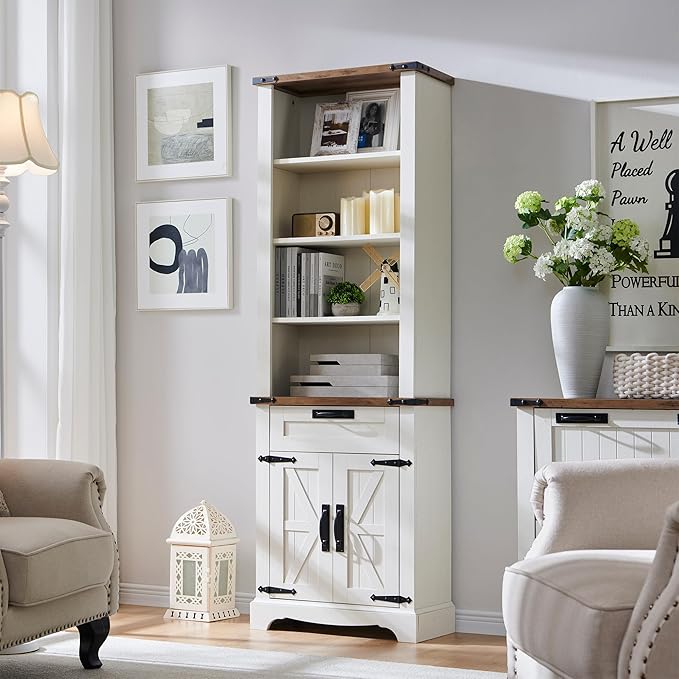 OKD 72'' Tall Bookshelf with Storage, Farmhouse 4 Tier Bookcase with Barn Door, Adjustable Shelves and Drawers, Rustic Wooden Office Bookshelves for Home Bedroom, Living Room, Library Antuique White