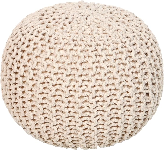 REDEARTH Round Pouf Ottoman - Cable Knitted Boho Poof - Home Décor Cord Pouffe Handmade Circular Footrest for Living Room - Bedroom - Kids Bedroom - 100% Cotton Pouf (18" x 18" x 14") - Ivory
