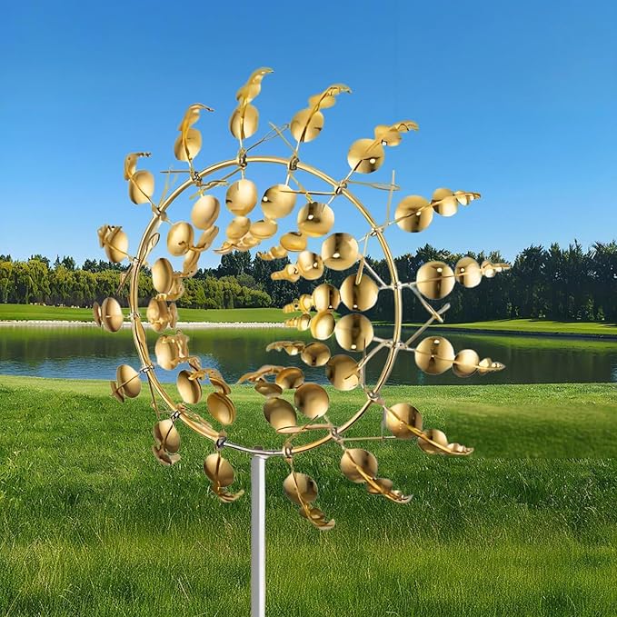 Unique and Magical Metal Windmill, 2Pcs Wind Spinners, 3D Wind Powered Kinetic Sculpture, Stainless Steel Wind Spinners, Wind Mill for Yard and Garden (2PCS-Golden)