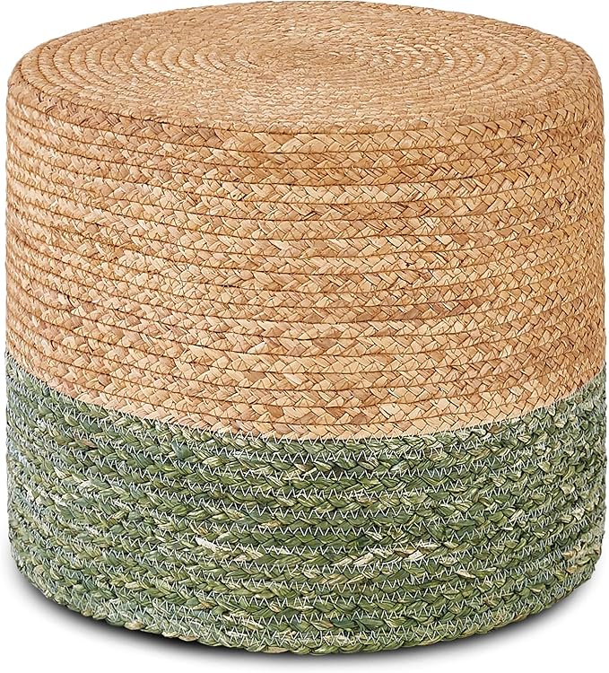 Wimarsbon 18'' Ottoman Pouf, Natural Braided Poof, Rustic Handweave Lounge Pouffe, Boho Footrest Stool for Bedroom, Accent Table for Living Room (Natural Water Hyacinth + Green Corn Husk)