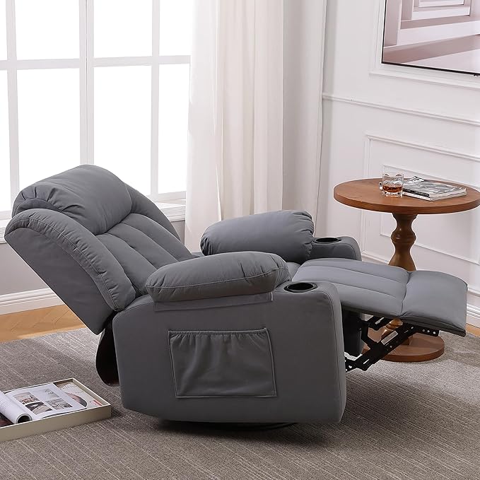 Rocker Swivel Recliner Chair for Adults, Overstuffed Large Manual Recliner Glider with Massage and Heat, Comfy Soft Fabric Living Room Reclining Sofa Chair(Technical Grey)