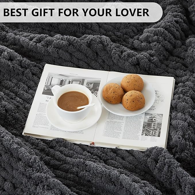 L'AGRATY Chunky Knit Blanket Throw - Soft Chunky Throw Blanket 50x60: 100% Hand Kintted Chenile Crochet Throw Blanket for Couch - Large Cable Knit Chunky Blanket for Home Decor(Dark Grey)