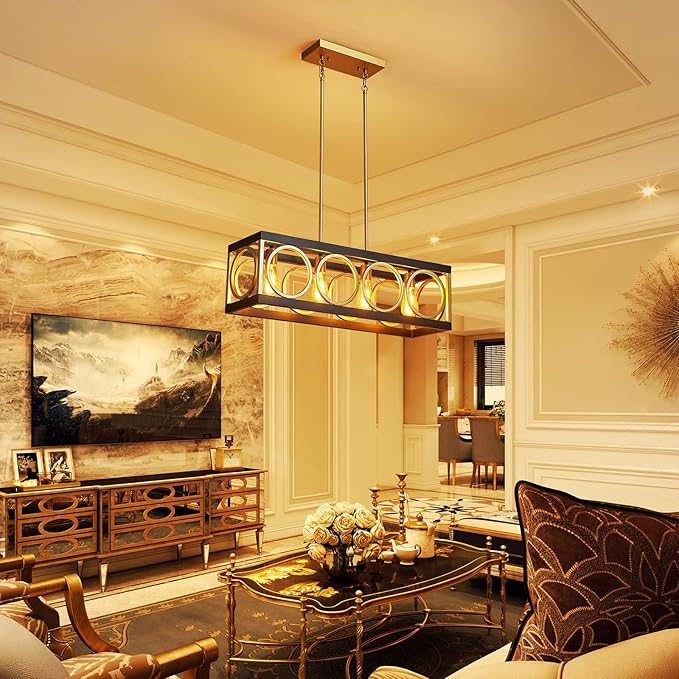 XINGQI Modern Rectangle Chandelier, Farmhouse Kitchen Island Lighting Rustic Industrial Hanging Light Fixture 4-Light Metal Linear Pendant for Dining Room Living Room Hallway, Black and Gold