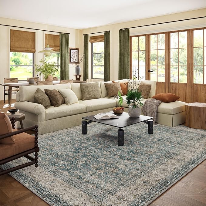 10x12 Large Rugs for Living Room: Washable Living Room Rug Stain Resistant Non Slip Distressed Vintage Carpet Low Pile Faux Wool Soft Rugs for Bedroom Farmhouse Dining Room Kids Playroom Nursery