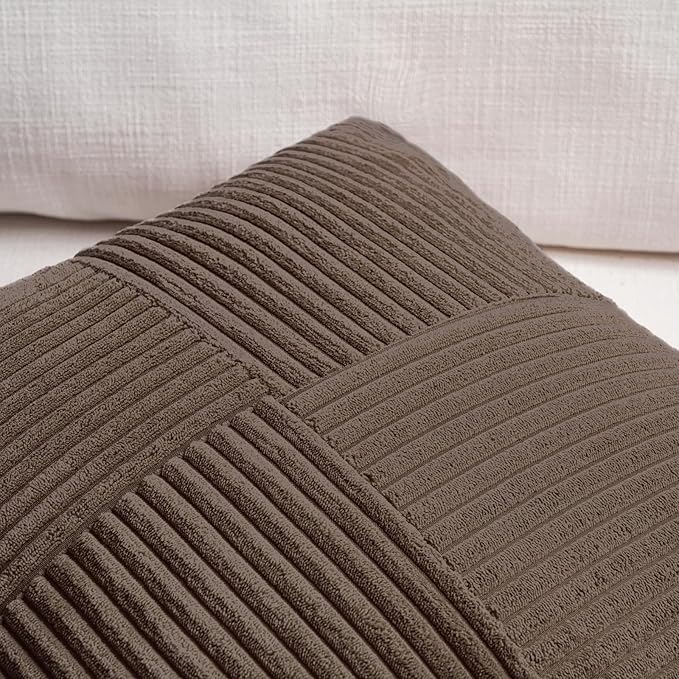 Fancy Homi 2 Packs Dark Brown Euro Decorative Throw Pillow Covers 28x28 Inch for Couch Bed, Rustic Farmhouse Boho Home Decor, Soft Corss Corduroy Patchwork Textured Square Cushion Case 71x71 cm