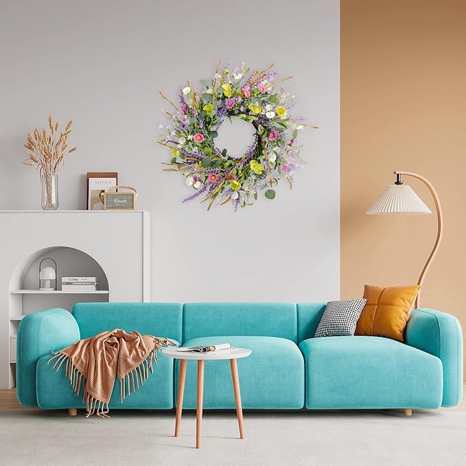 Idyllic 20 Inch Spring Summer Wild Flower Artificial Daisy Front Door Wreath, Everyday Greenery Eucalyptus Leaves for Indoor and Outdoor Use, Rustic Farmhouse Style Home Wreath Decor