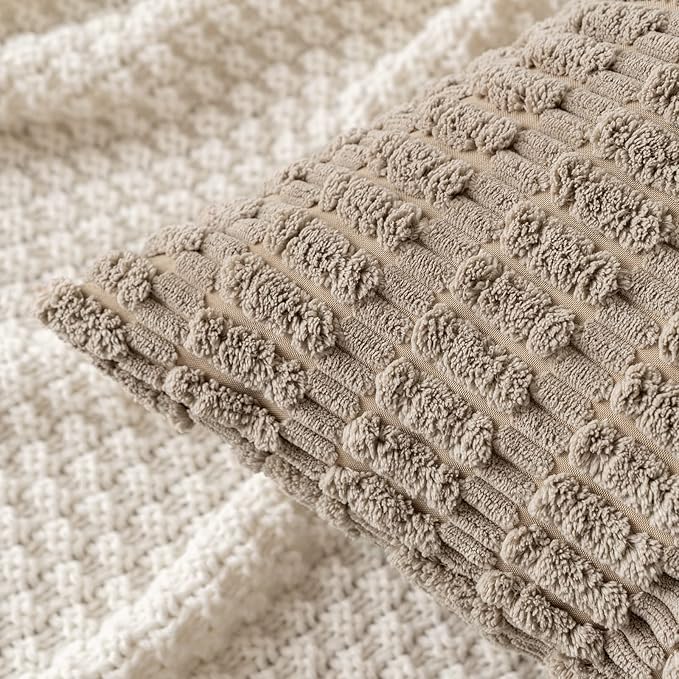 MIULEE Pack of 2 Corduroy Decorative Throw Pillow Covers 20x20 Inch Soft Boho Striped Pillow Covers Modern Farmhouse Home Decor for Sofa Living Room Couch Bed Light Brown